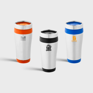 Zilveren geïsoleerde thermosbeker met gekleurde accenten